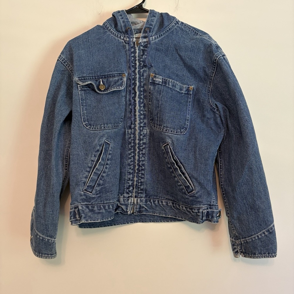 Jones Wear Sport Blue Denim Jean Hooded Zip Front Jacket w/ Pockets Small Casual